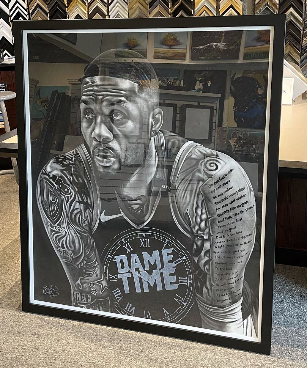 A black and white drawing of a man in a game time jersey.