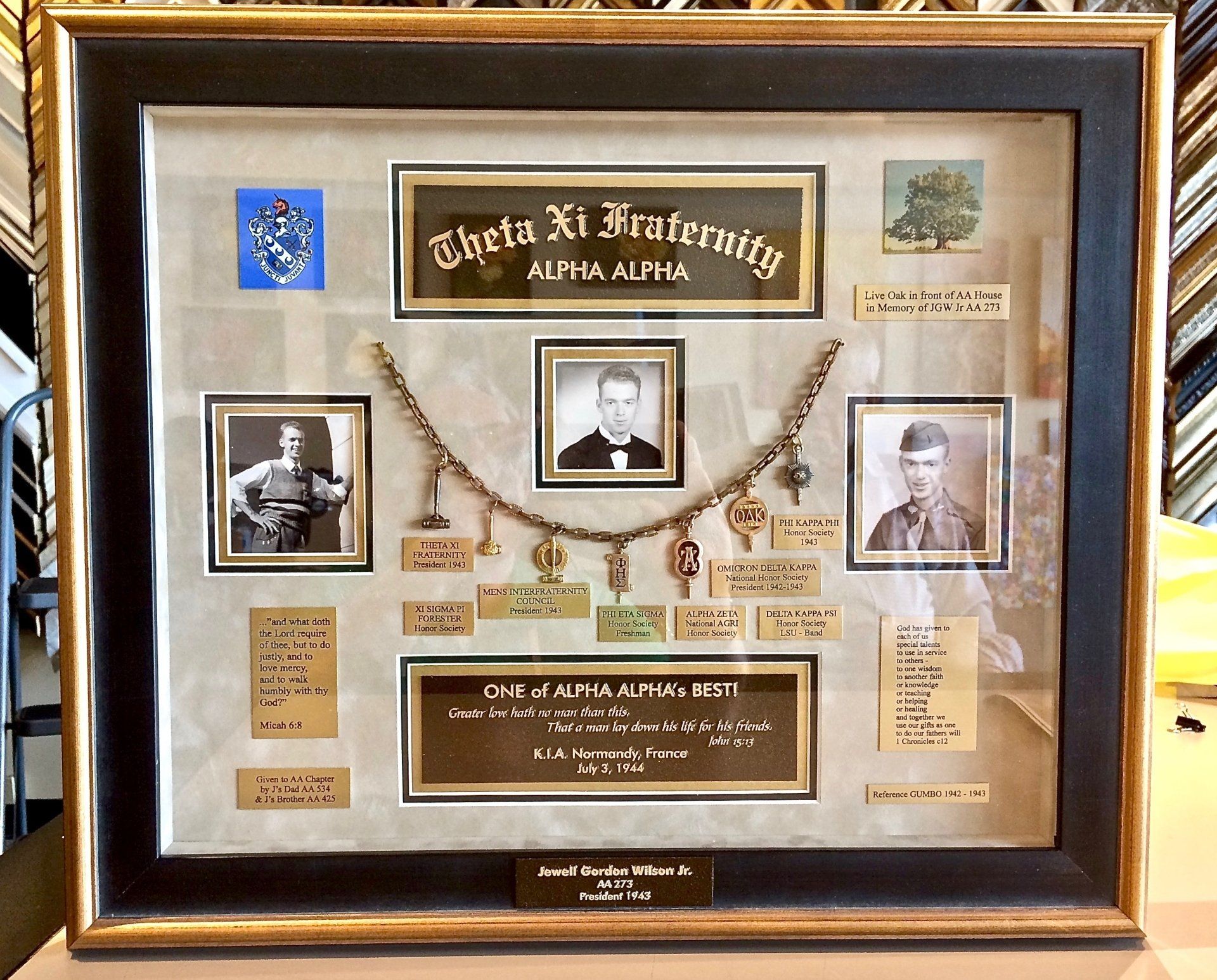 A framed picture of beta xi fraternity alpha alpha
