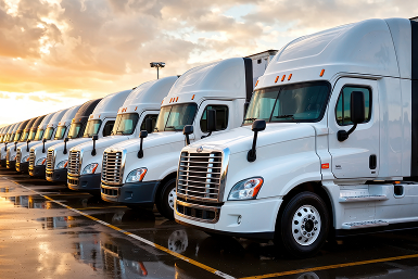 Row of white heavy duty semi trucks parked | CL Enterprises