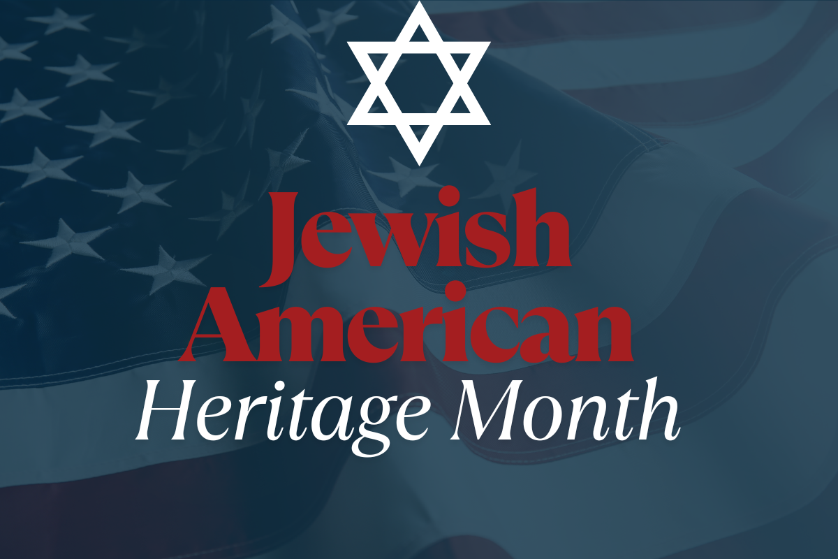 A poster for jewish american heritage month with an american flag in the background