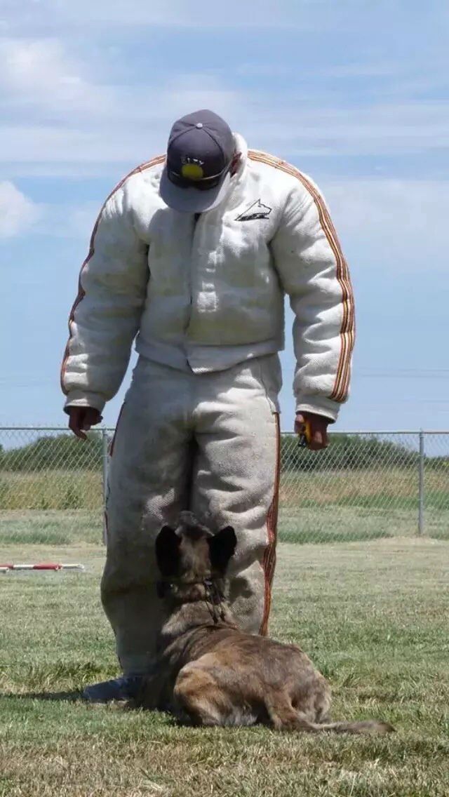 a man in a white jacket is standing next to a dog
