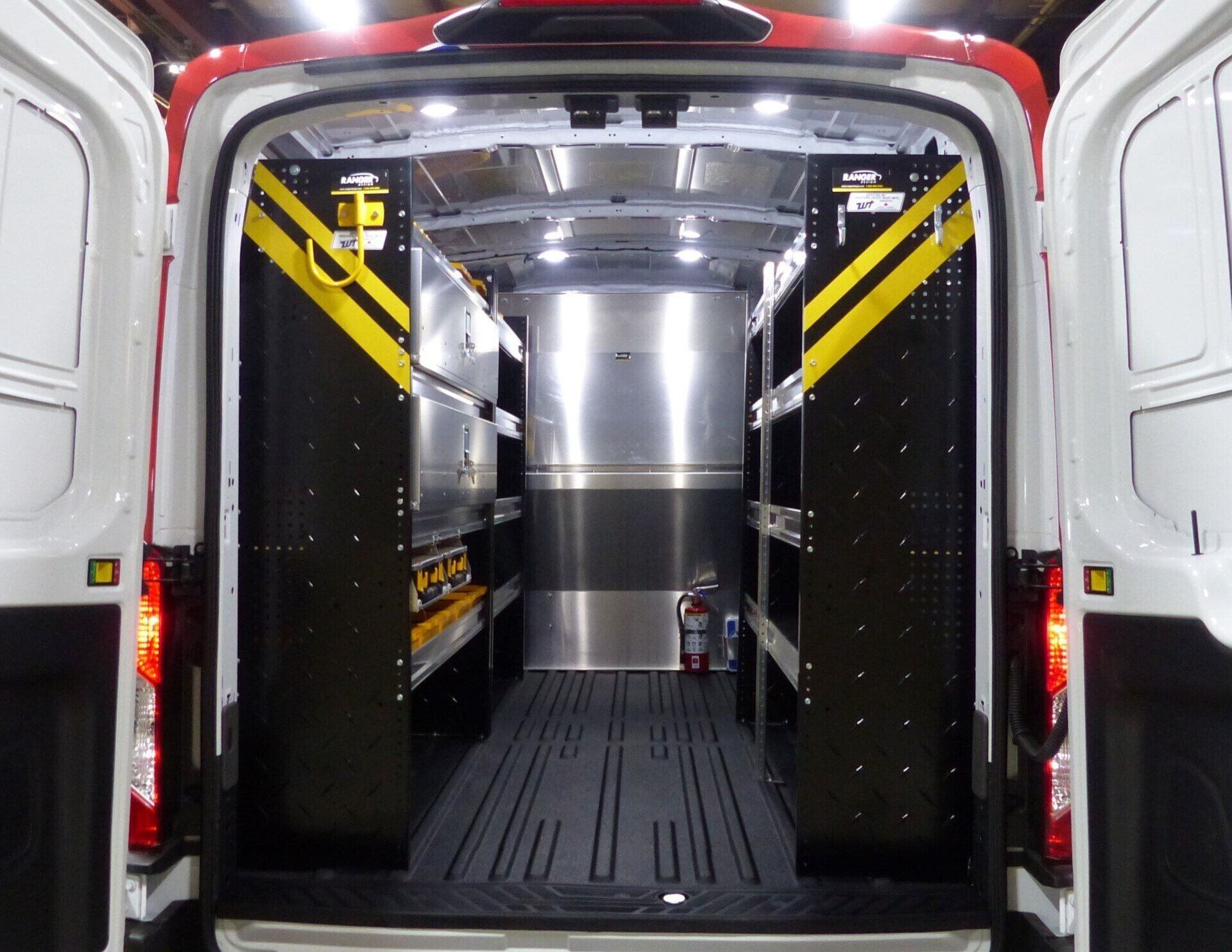 shelves inside truck body chamber