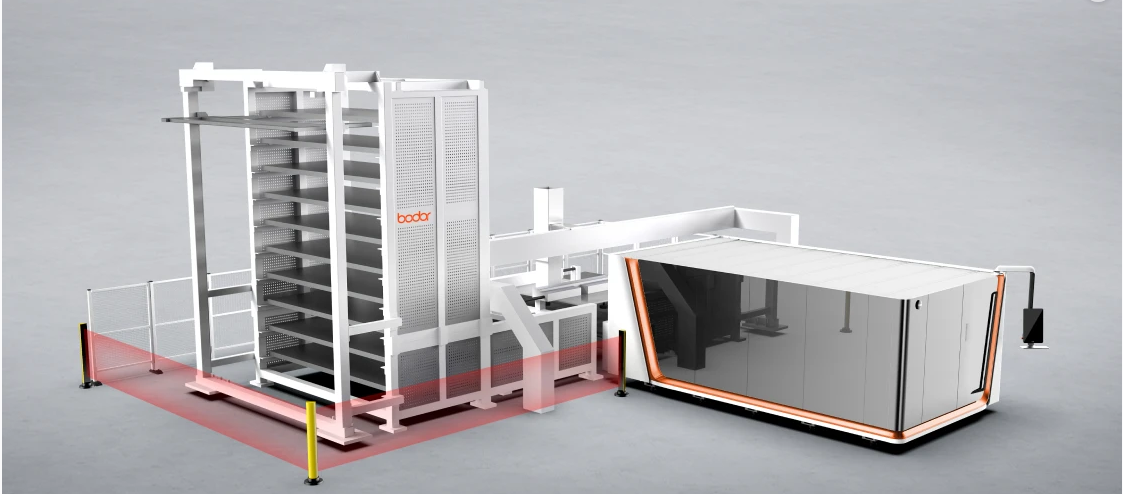 Automated industrial system with shelving, safety fencing, and a container.