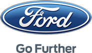 The ford logo is blue and white and says `` go further ''.