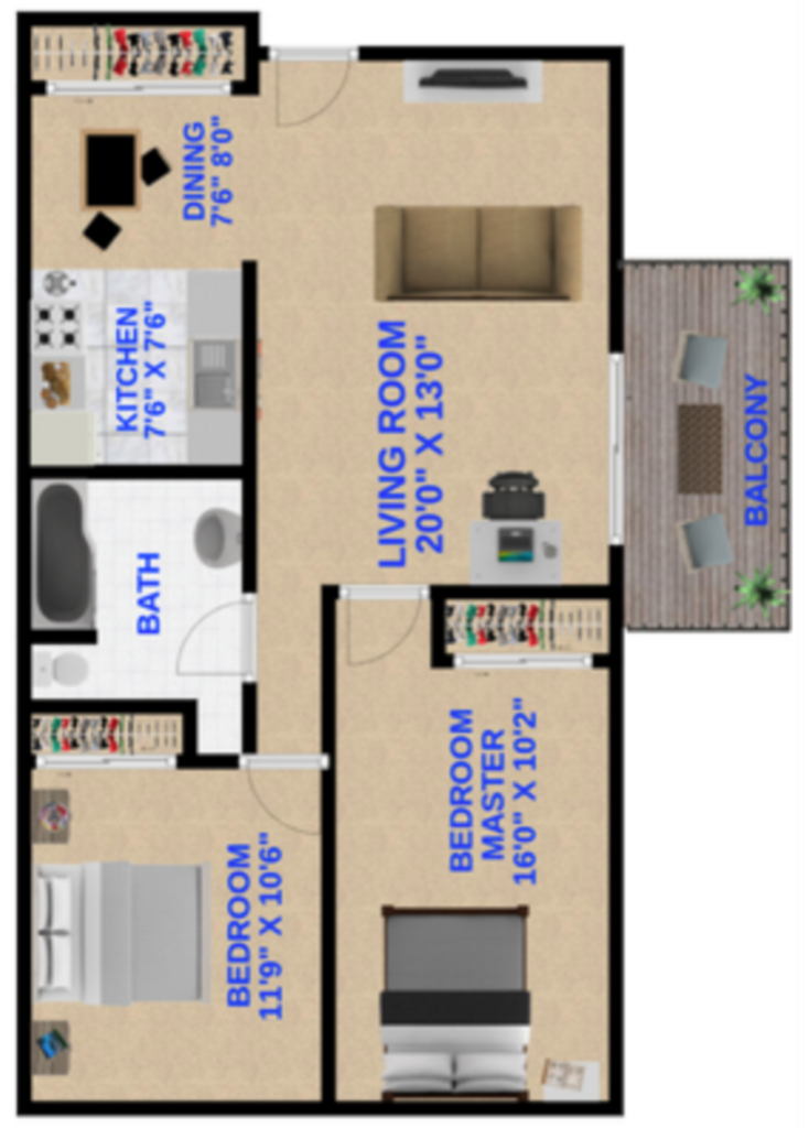 Floor Plan: 2 Bed · 1 Bath · 800 SQ. FT.