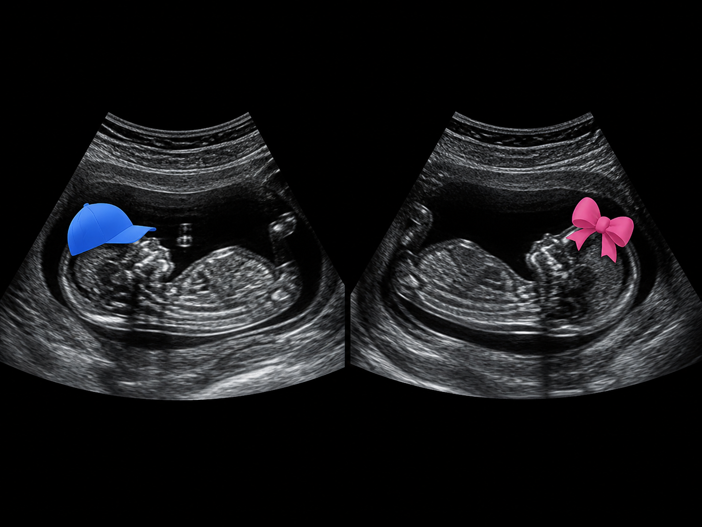 Two ultrasound images, one with a blue hat and one with a pink bow