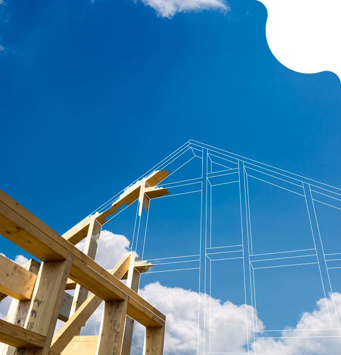 Wooden house framing against a bright blue sky with white clouds and a roof outline sketch overlay