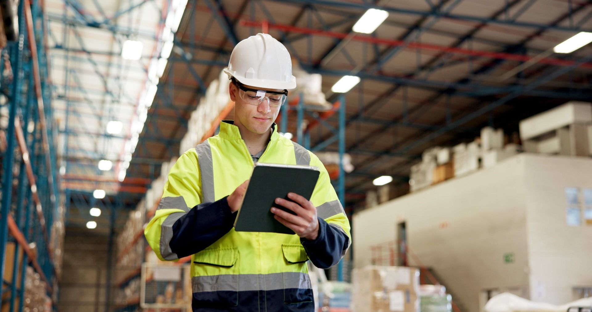 Warehouse worker in hard hat and safety vest using a tablet in an industrial warehouse