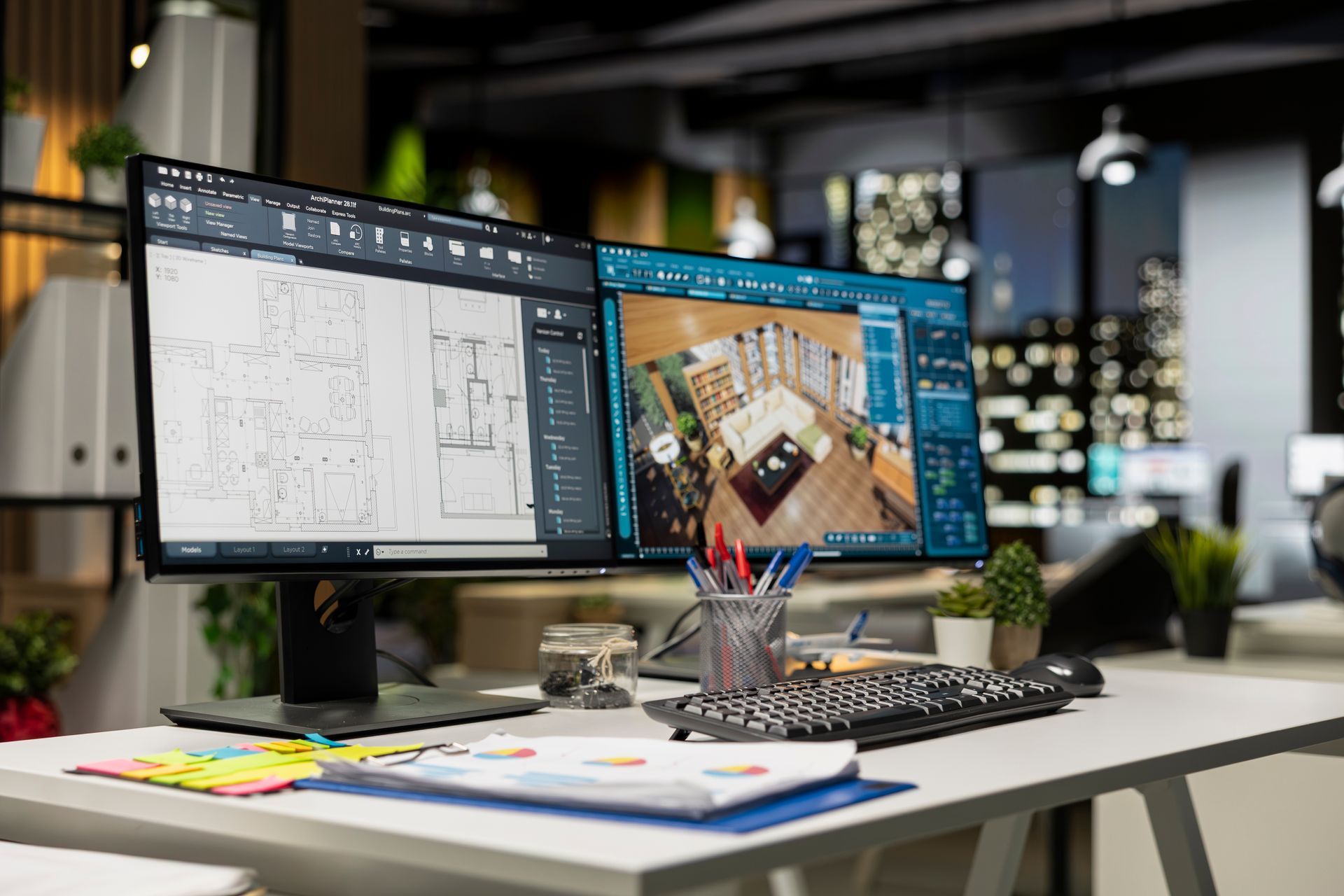 Dual-monitor workspace with CAD designs, a circuit board on screen, and office supplies on a desk