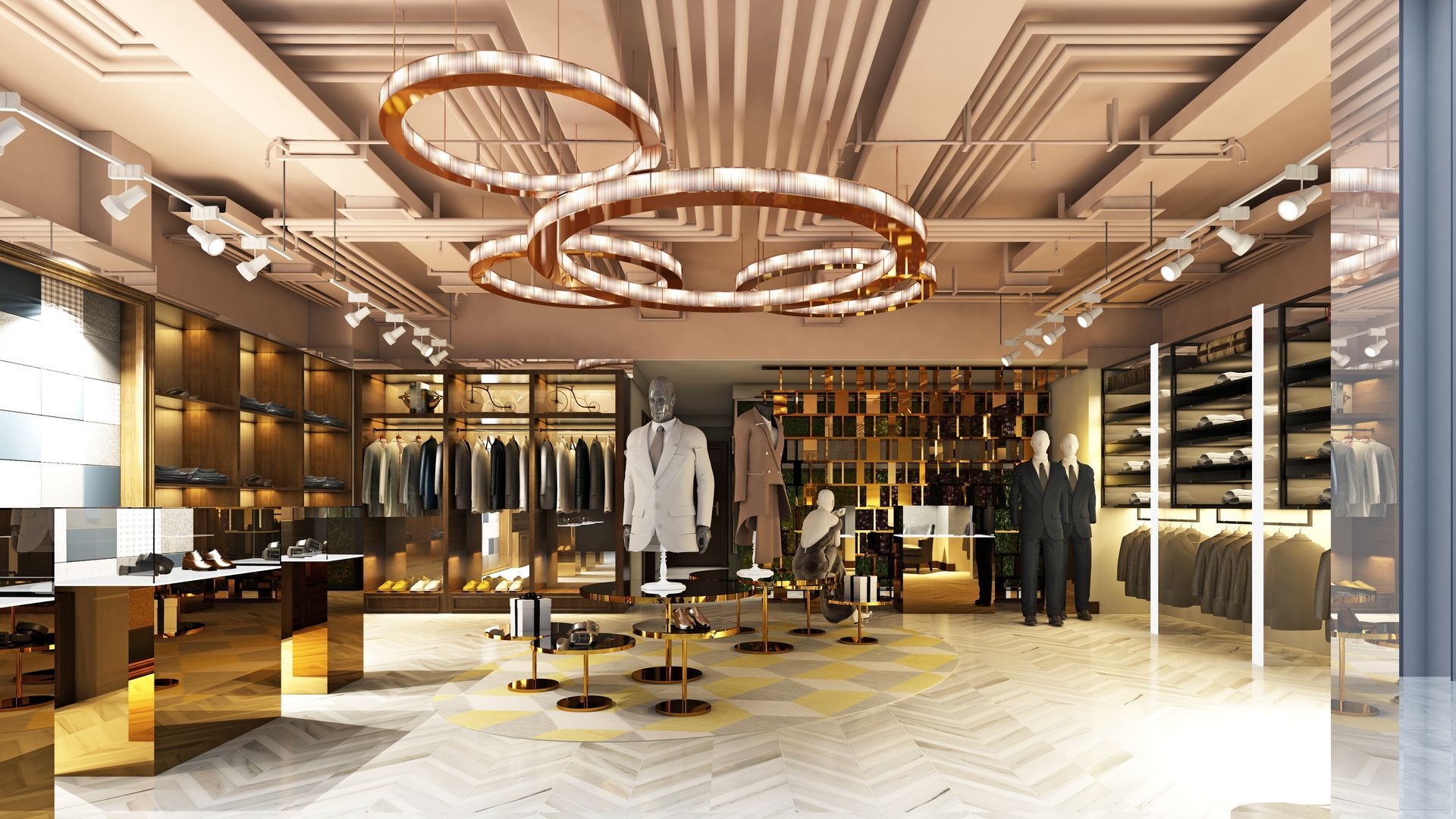 Upscale boutique interior with circular ceiling lights, clothing racks, and warm gold accents