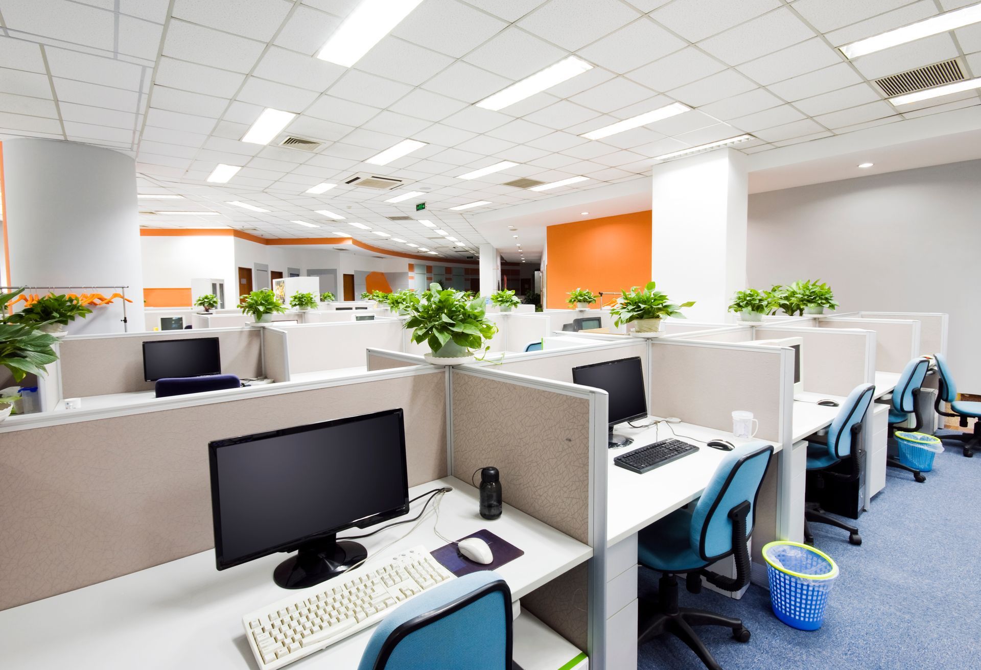 Modern open-plan office with rows of cubicles, computers, and blue chairs under bright ceiling lights Modern open-plan office with rows of cubicles, computers, and blue chairs under bright ceiling lights
