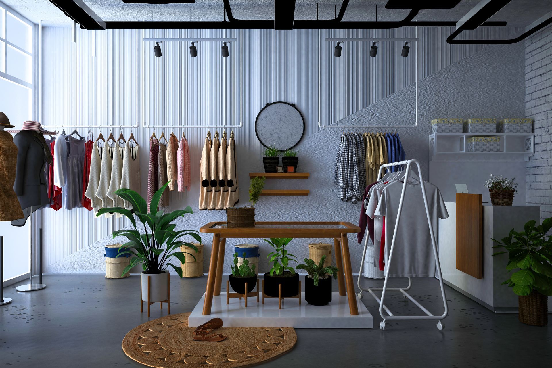 Clothing boutique interior with racks of colorful clothes, central table, plants, and a round mirror on the back wall