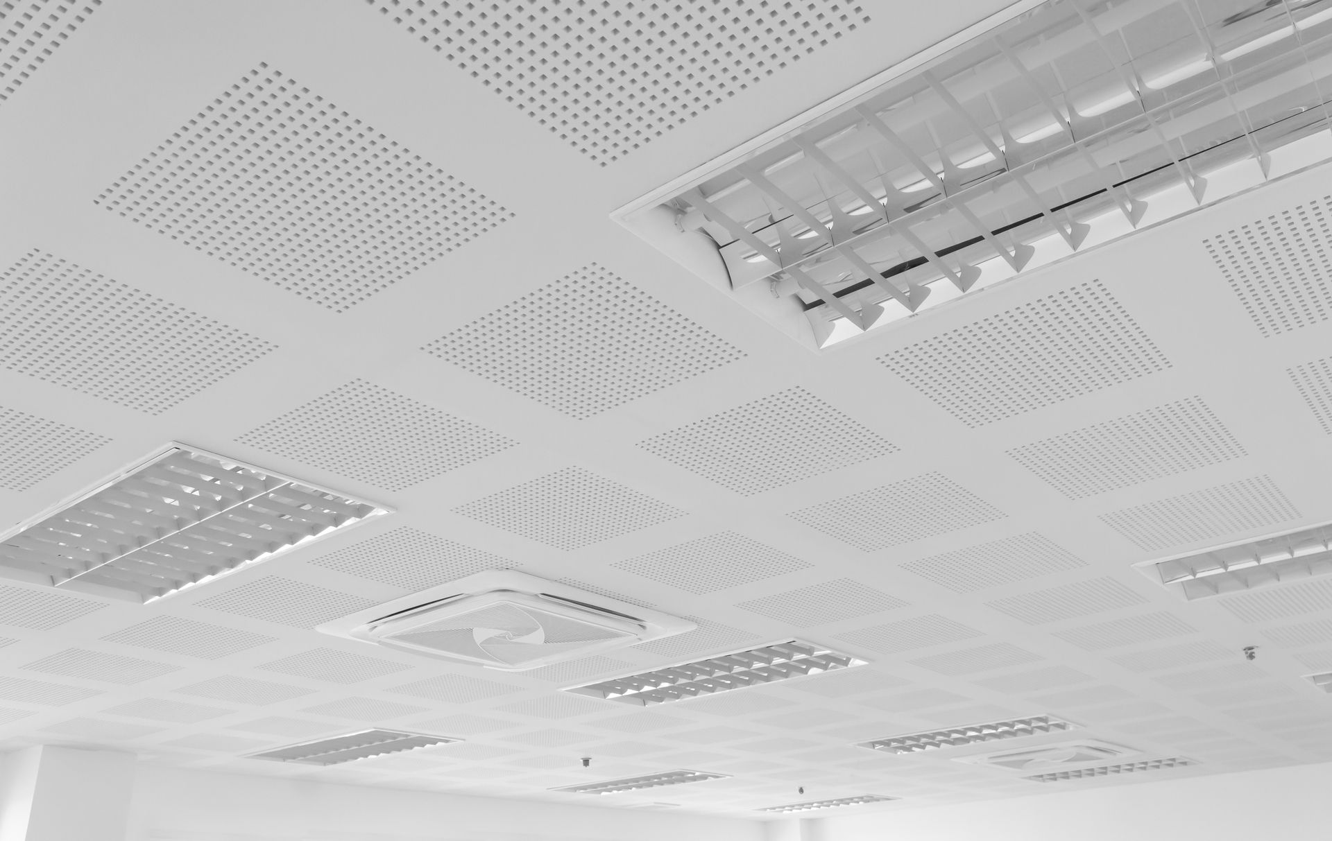 White office ceiling with perforated acoustic panels and fluorescent light fixtures