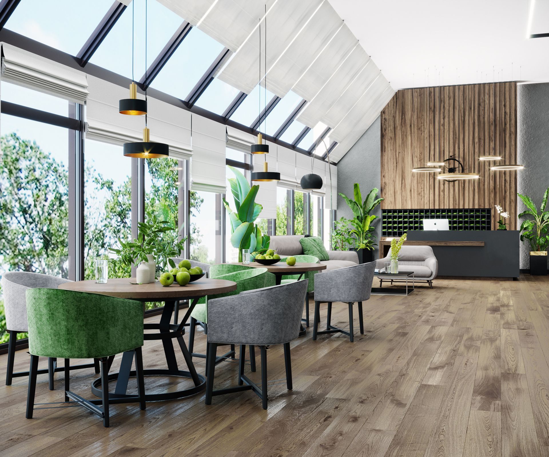 Bright modern lounge with green chairs, wooden tables, large windows, plants, and a wood-paneled wall