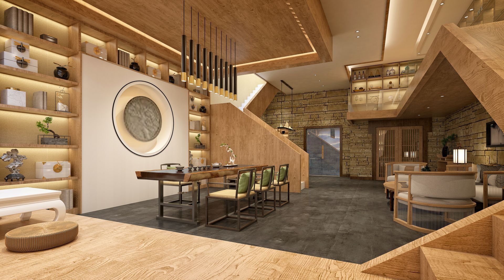 Warm modern dining room with wood paneling, stone floor, round window, and elegant table seating