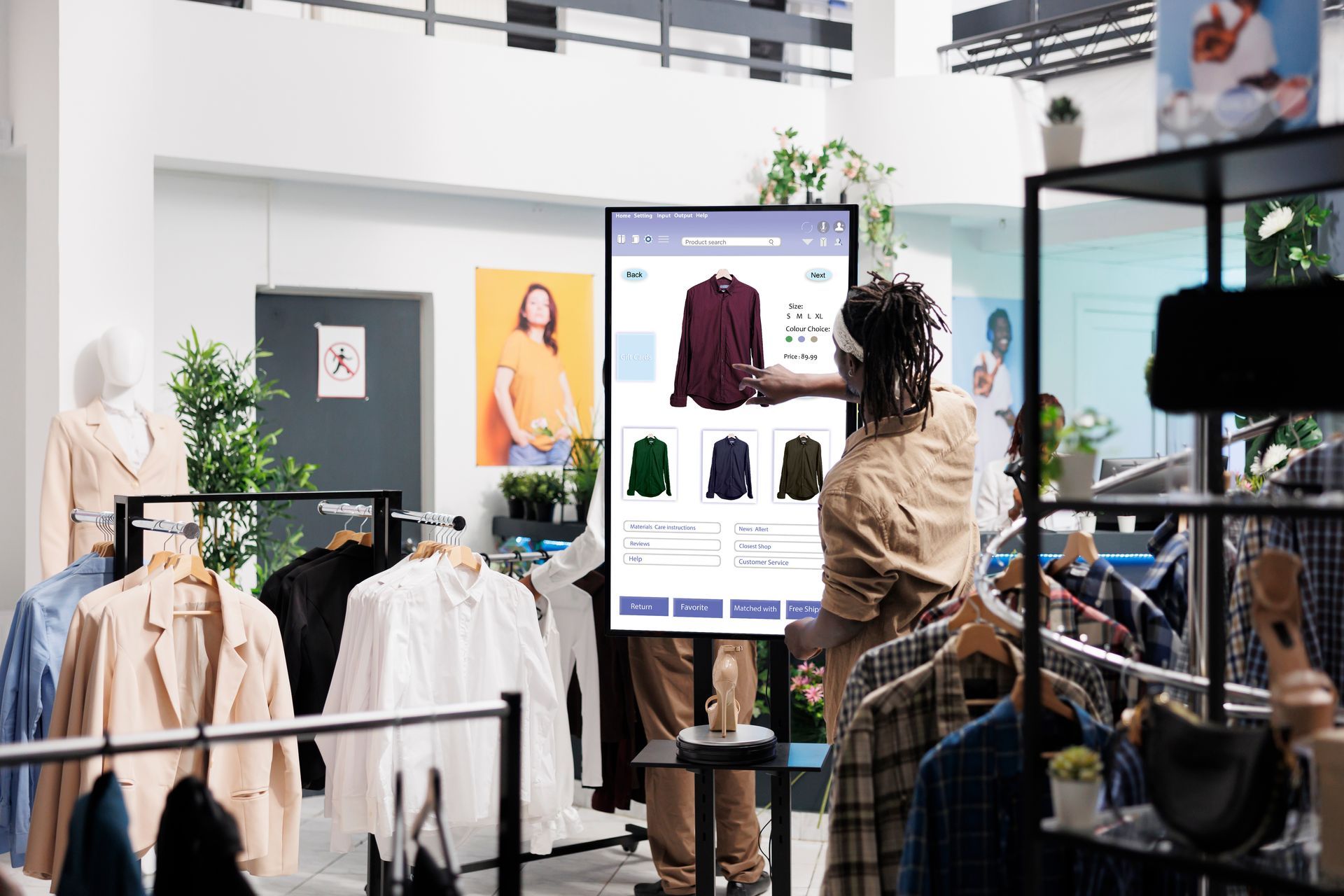 Person browsing clothing racks in a bright boutique with a digital shopping screen. Person browsing clothing racks in a bright boutique with a digital shopping screen.