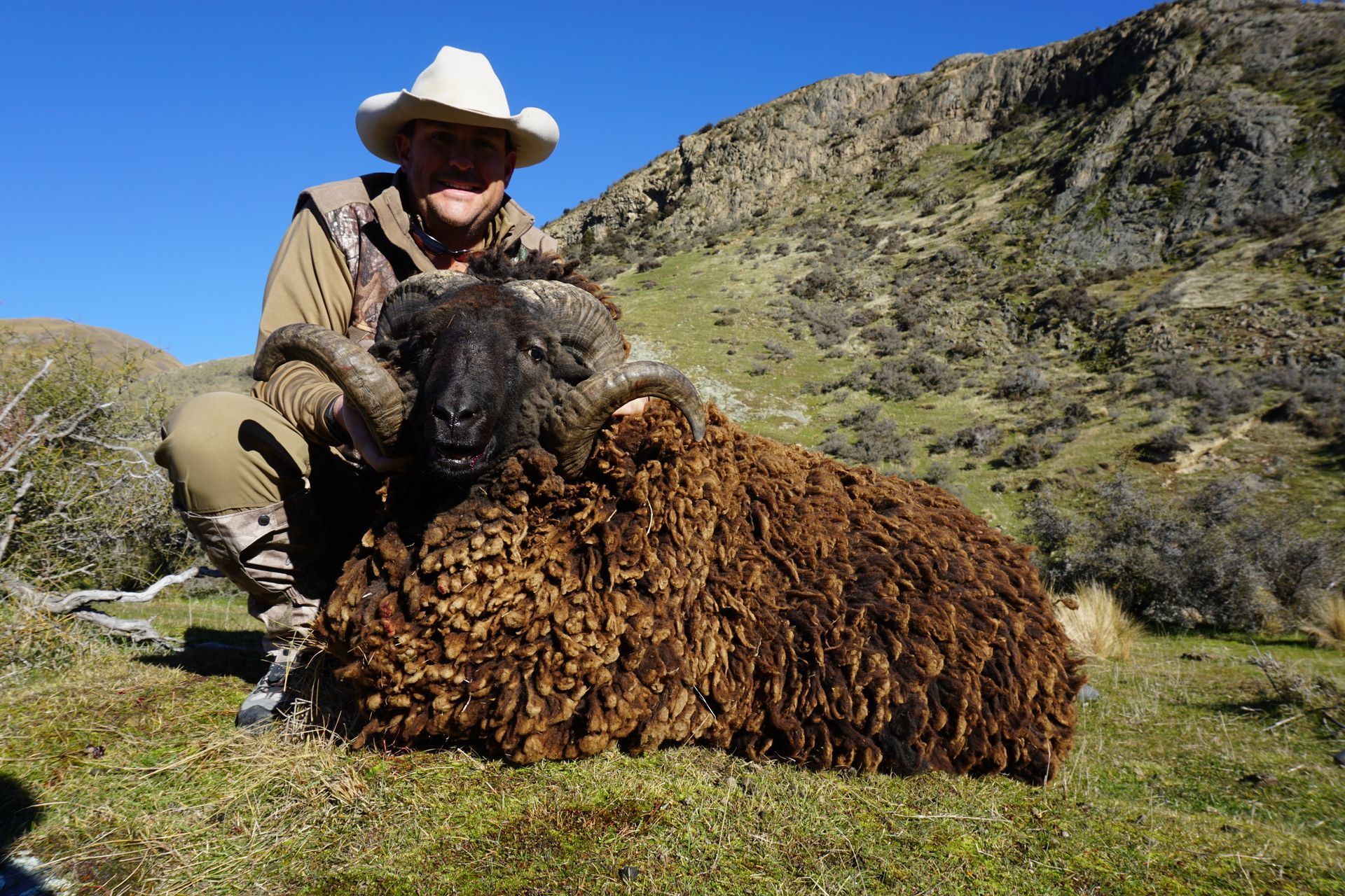 A man in a cowboy hat kneels next to a large, dark-furred ram in a mountainous outdoor setting. The man smiles.