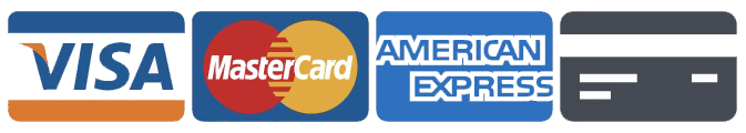 Logos for Visa, Mastercard, American Express, and a generic credit card.