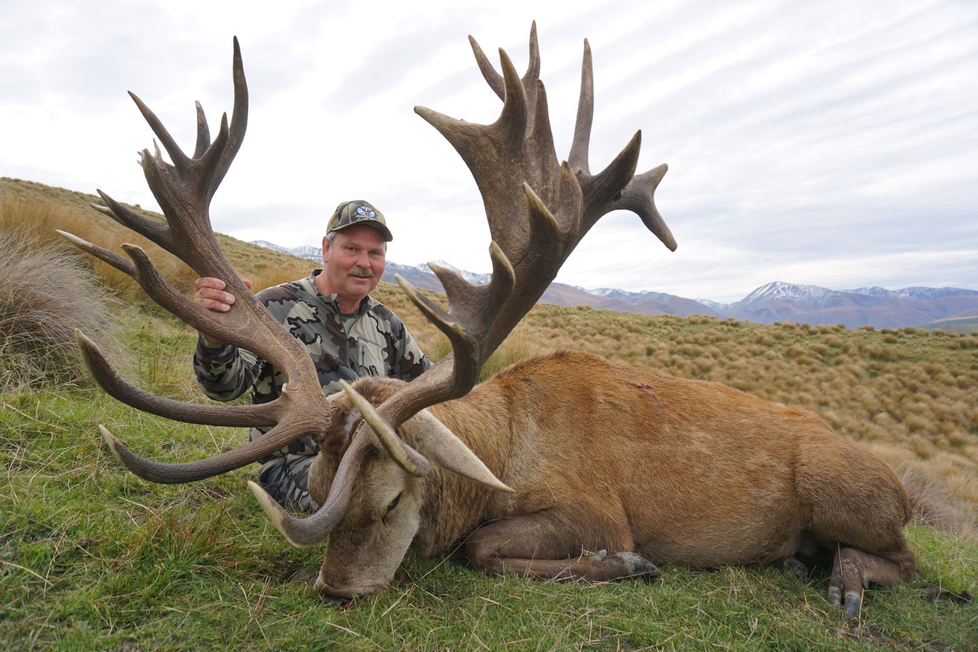 Man in camouflage holds large antlers next to a dead red deer. They are outdoors in a grassy field.