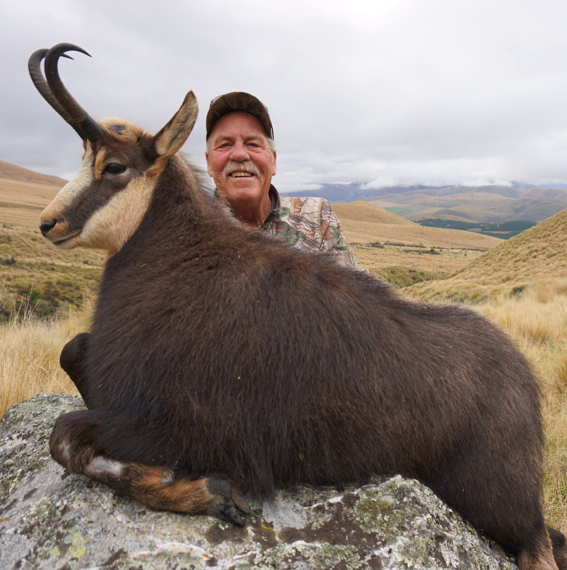 Man in camouflage smiles, posed with a dead, dark-furred chamois on a rock in a grassy, mountainous setting.