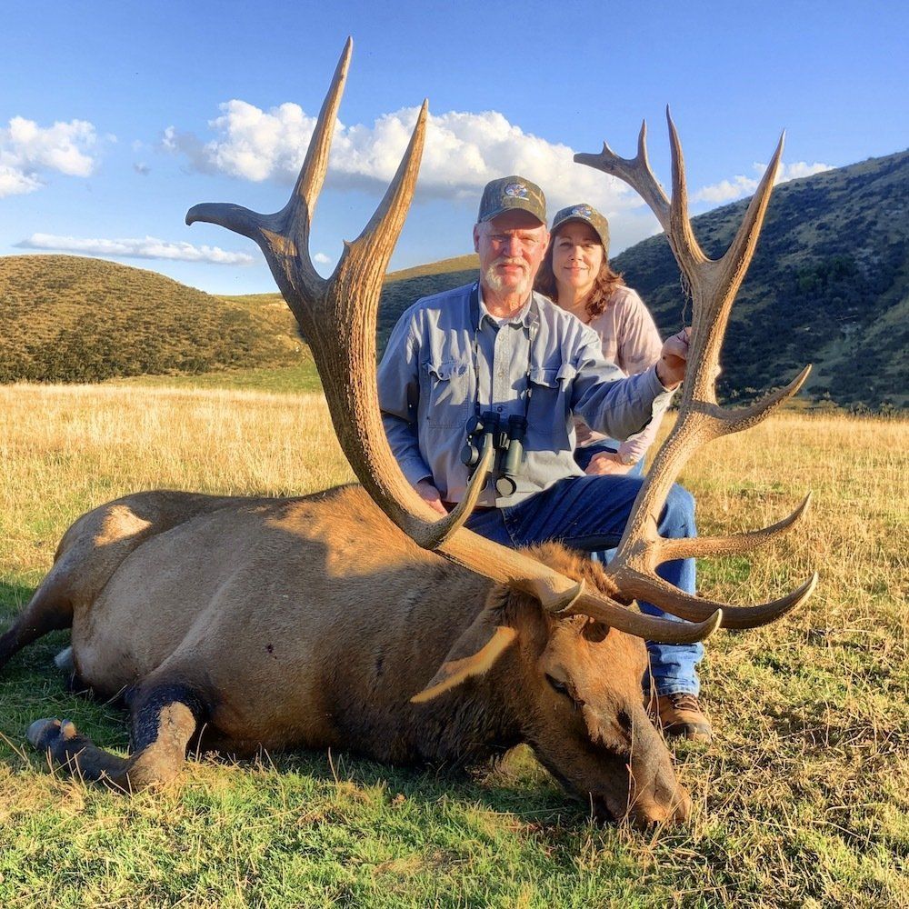 Man and woman pose next to a large elk lying on grass. The man sits on the elk; rolling hills are in the background.