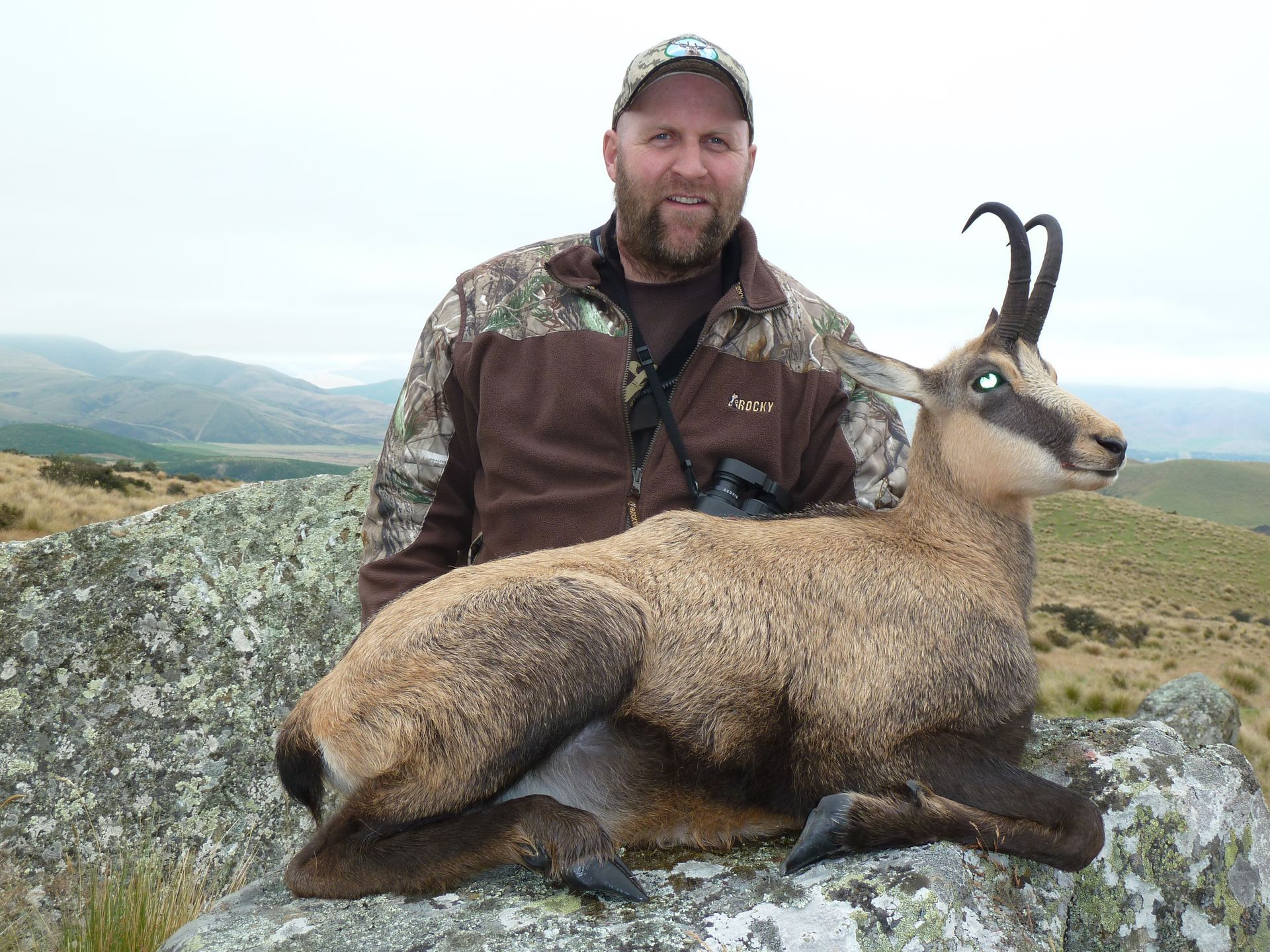 Man in camouflage jacket poses with a dead chamois buck on a rock in a mountainous area.