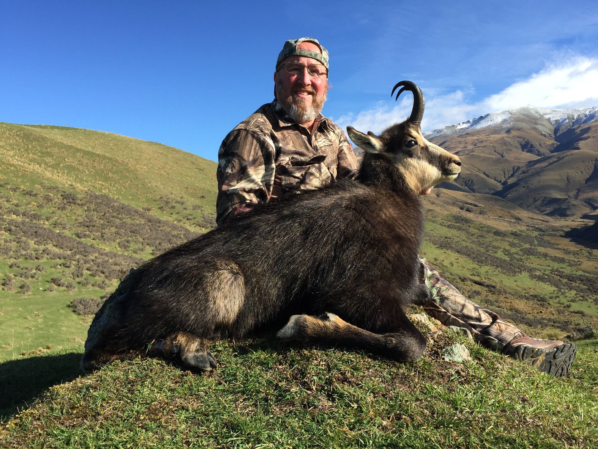 A man in camouflage with a dead chamois. They are in a grassy mountain setting on a sunny day.
