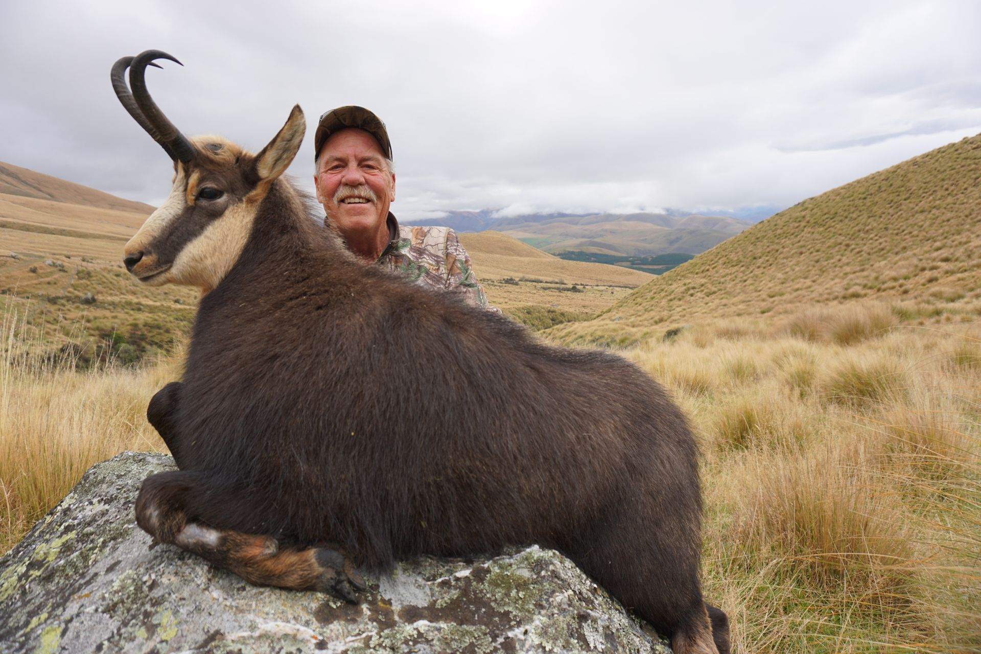 Man in camo smiles, posing with a dead chamois buck on a rock in a grassy, mountainous terrain.