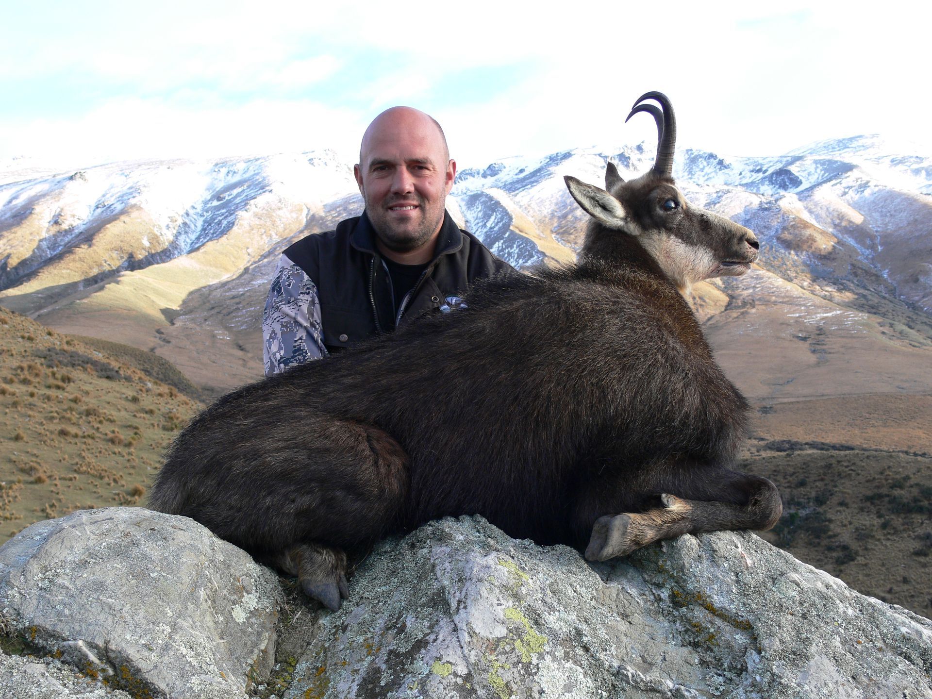 Man poses with a dead chamois on a rock in a mountainous region with snow-capped peaks. The man smiles and wears camouflage.