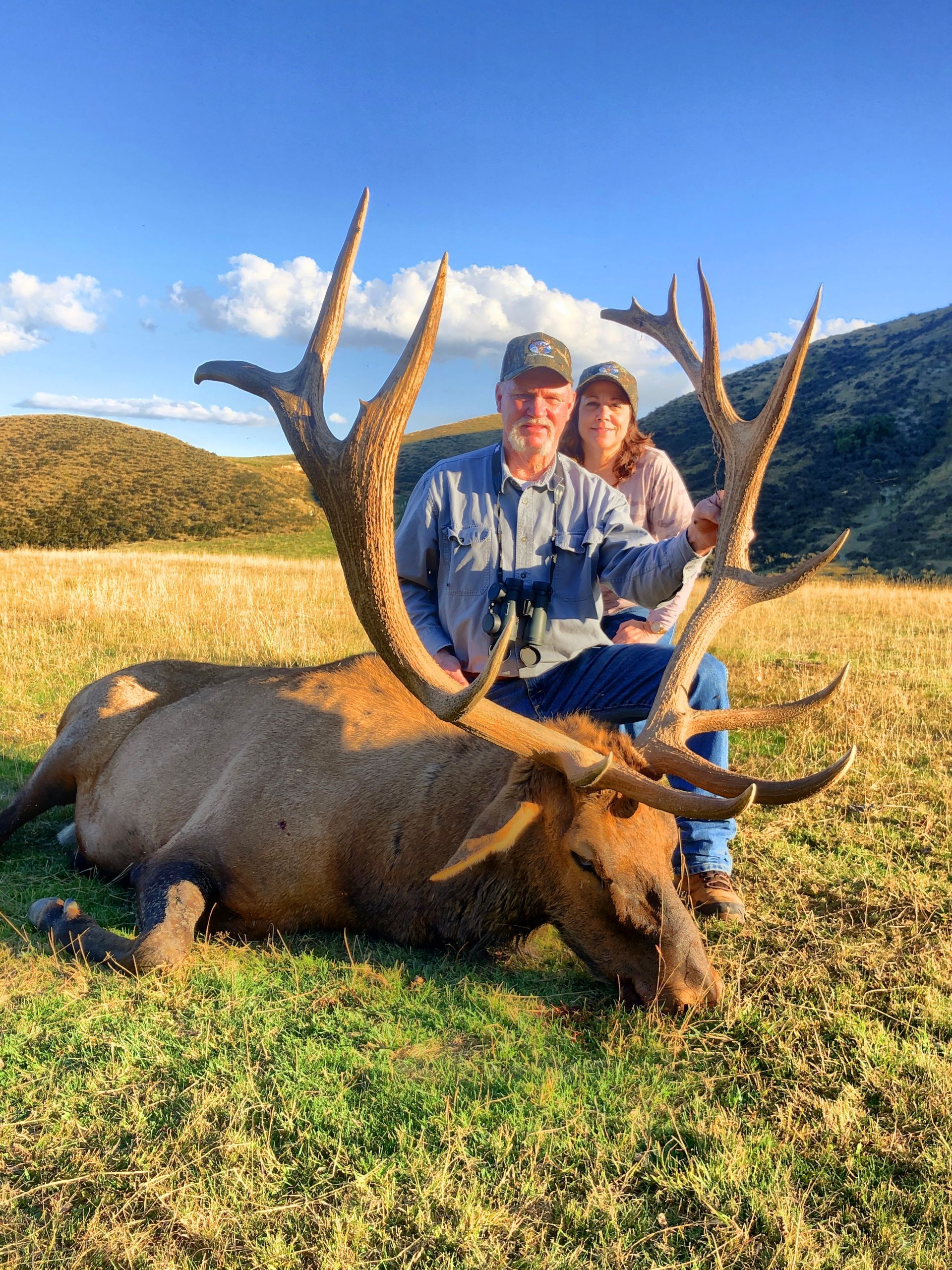 A man and woman pose with a large elk on a grassy hillside. The man sits atop the elk, smiling, under a blue sky.
