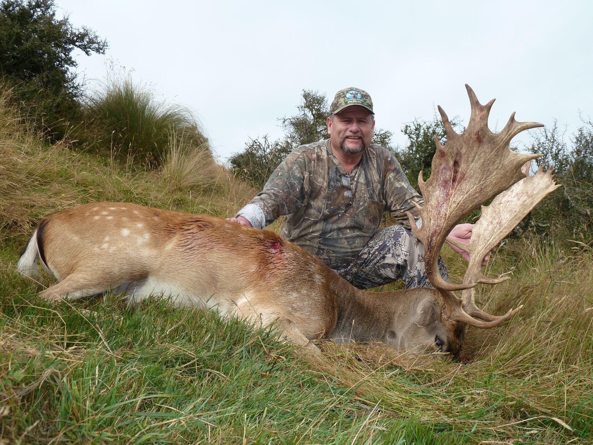 A man in camo crouches beside a fallen deer with large antlers on a grassy hillside. The deer is tan and white.