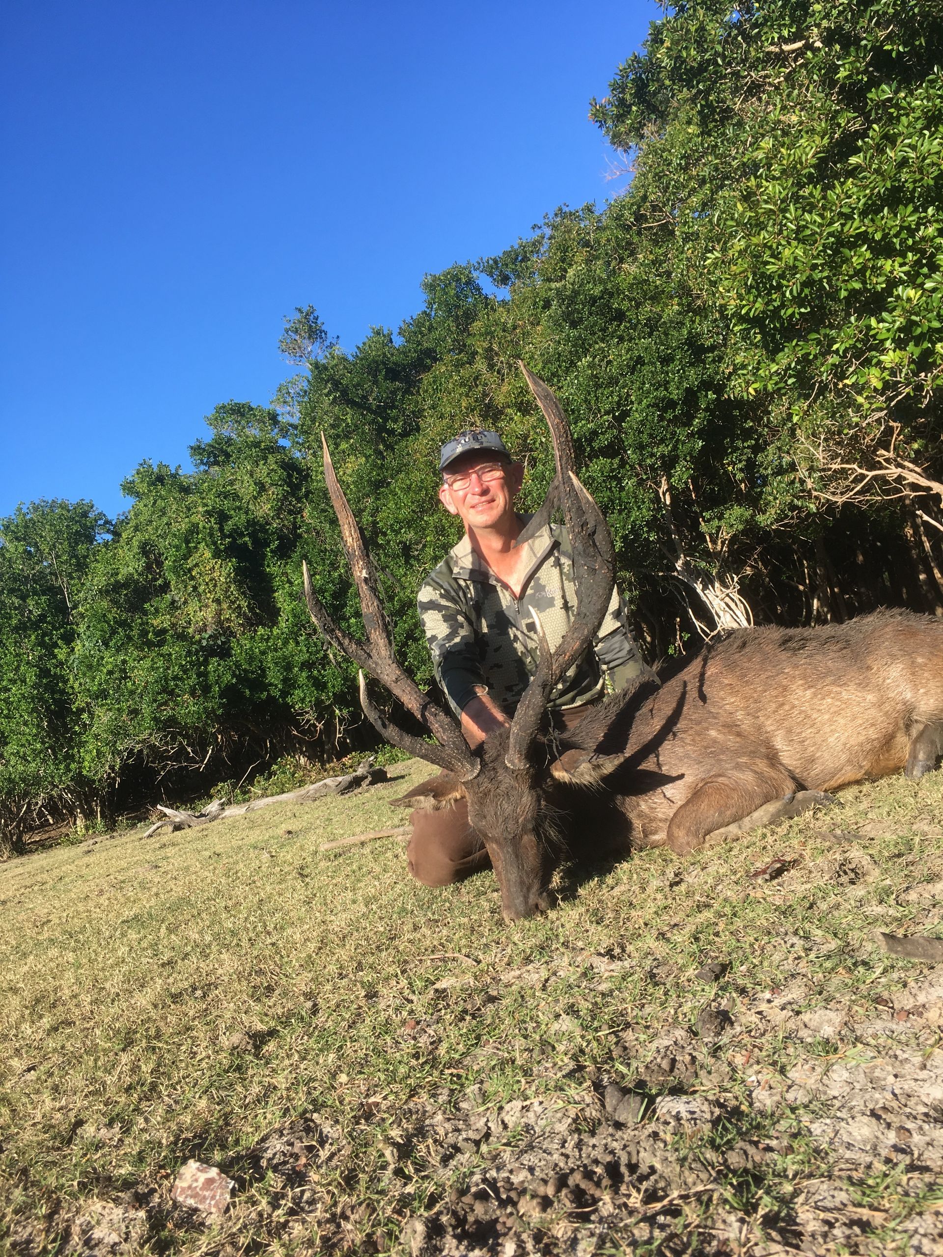 Hunter kneeling next to a large deer with impressive antlers; setting is outdoors near green foliage under a blue sky.