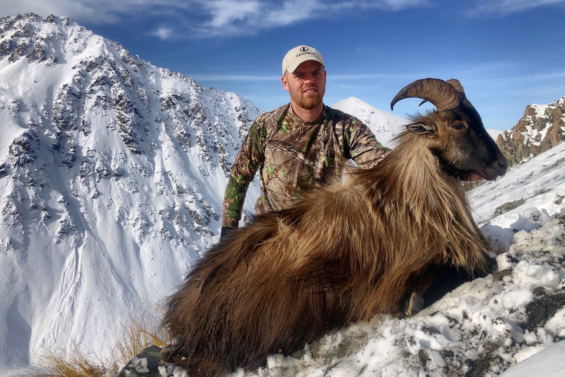 Man in camouflage posing with a harvested Himalayan tahr on a snow-covered mountain slope.