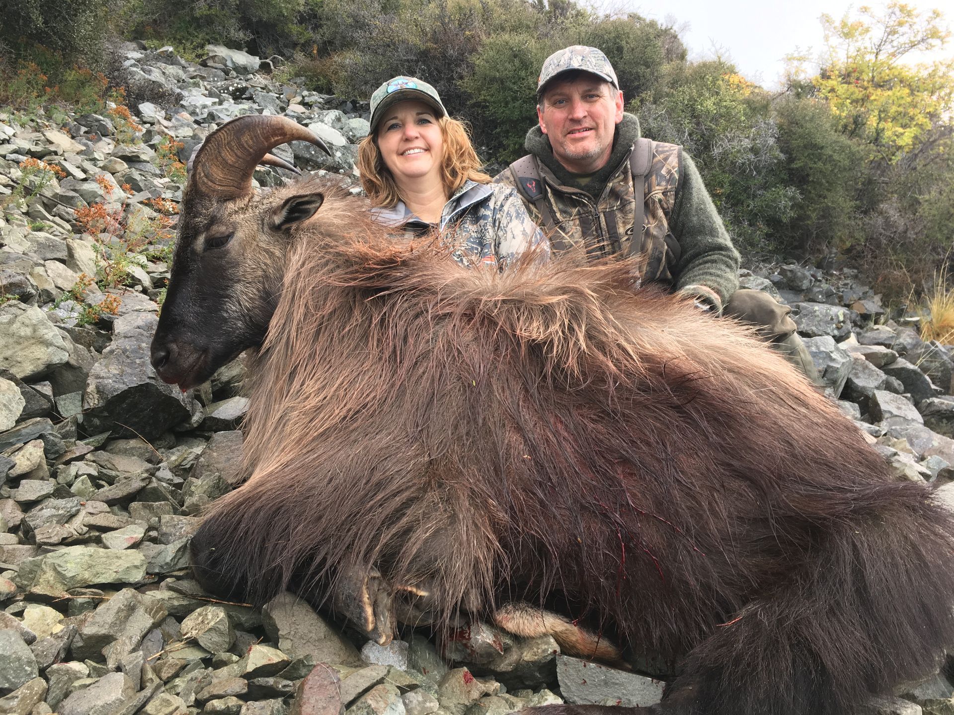 A woman and man pose with a large, shaggy Himalayan tahr they hunted. They stand on a rocky hillside.