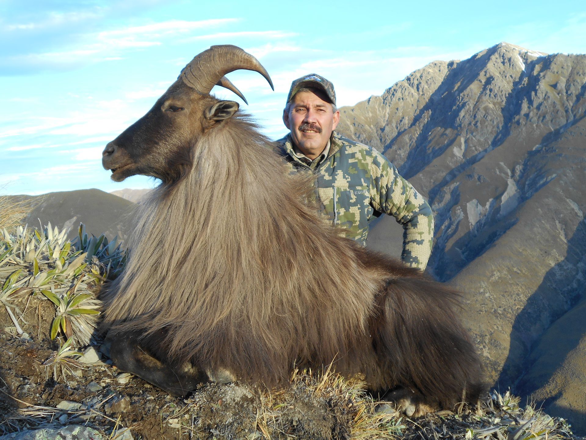 Man in camouflage stands proudly beside a dead Himalayan tahr in a mountain setting. The tahr has long brown fur and large curved horns.