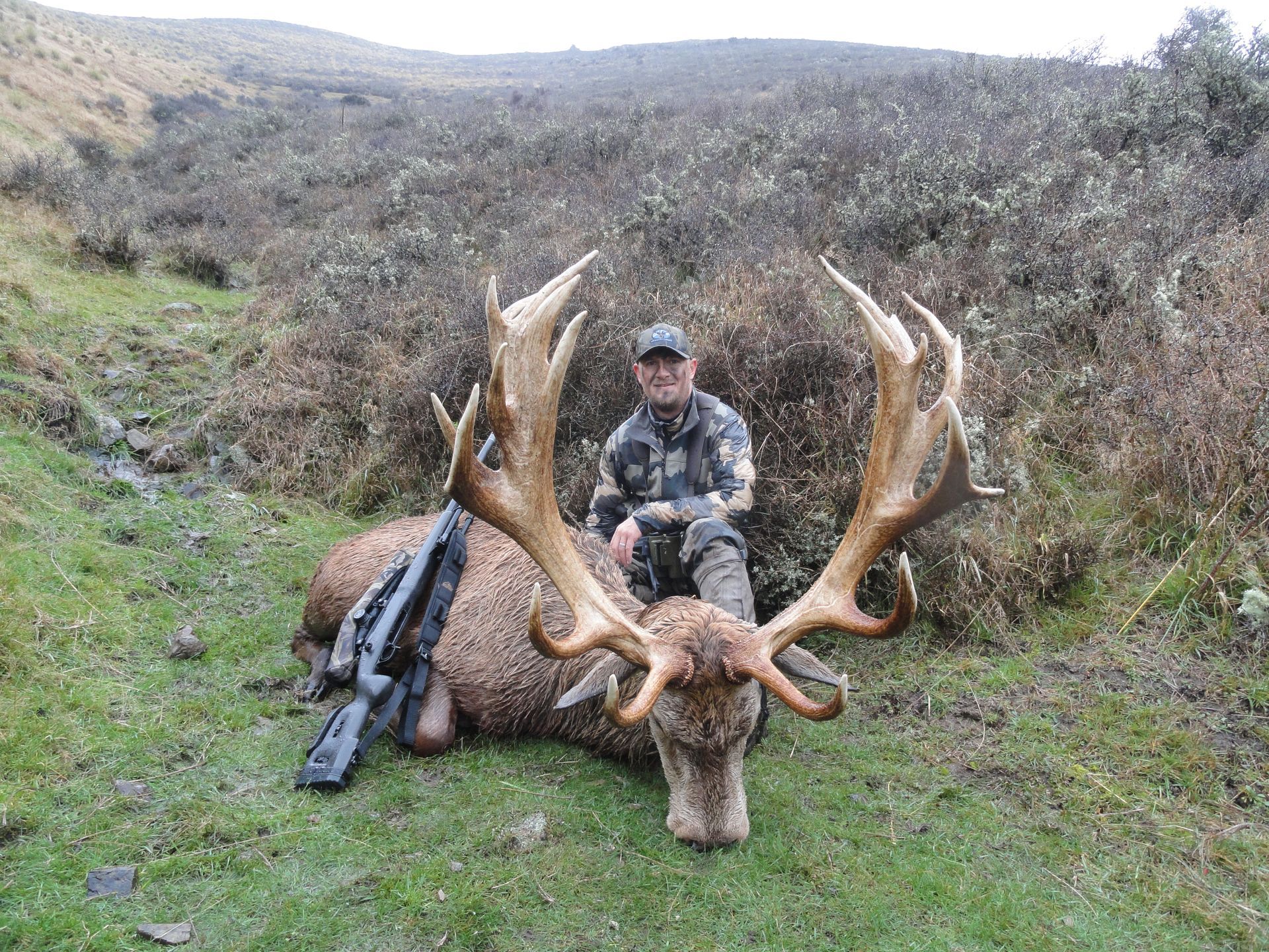 A man in camouflage sits beside a large, dead deer with huge antlers in a grassy field. A rifle rests nearby.