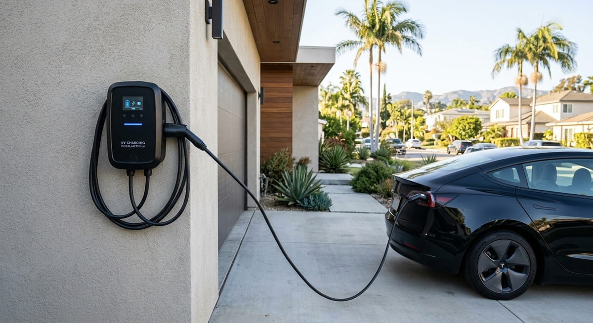 A close-up of a home EV charger and a black Tesla Model 3 connected and charging in a residential driveway in Los Angeles. The charger has blue status indicator lights, and the scene is set with palm trees in the background.
