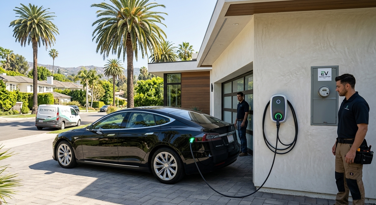 Professional electrician installing a home EV charger for a black Tesla in a Los Angeles residential driveway, with a service van parked in the background and palm trees under a sunny sky.