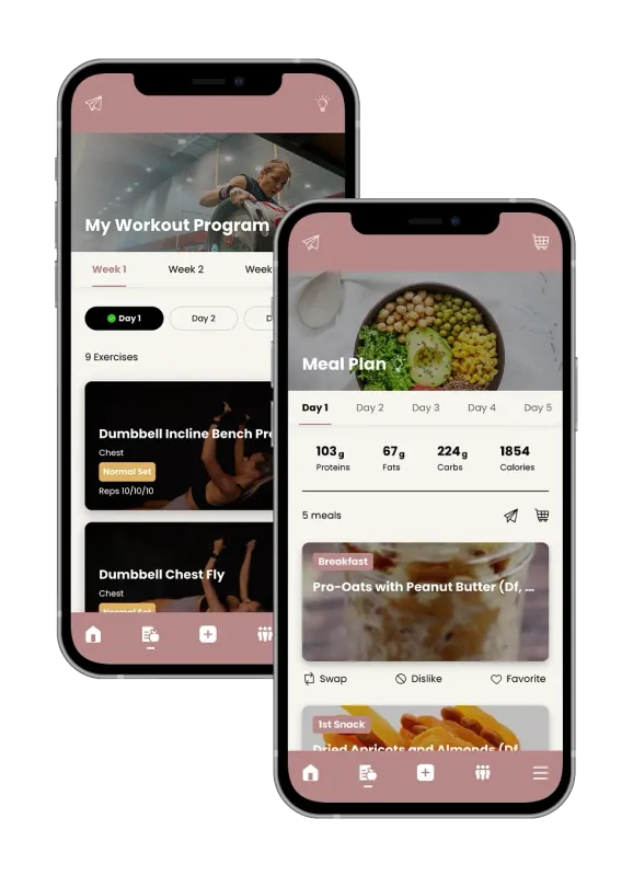 Two smartphones displaying a fitness app with workout and meal plans, in a pink color scheme.