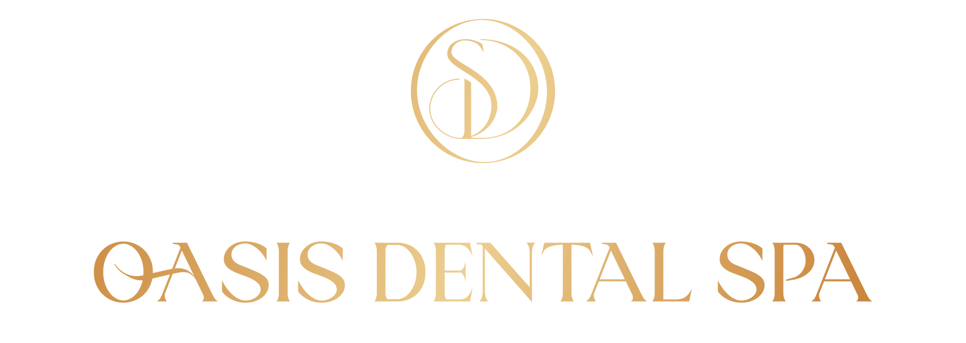 The logo for oasis dental spa is a gold logo on a white background.