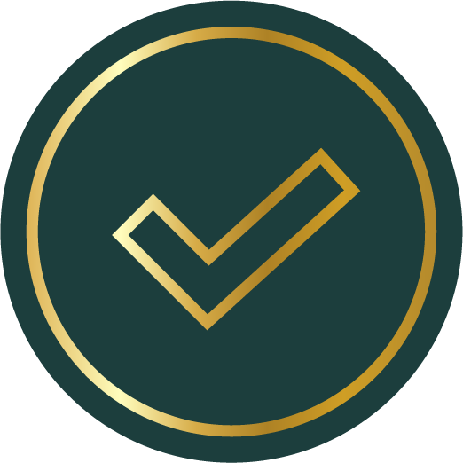 A green circle with a gold check mark inside of it.
