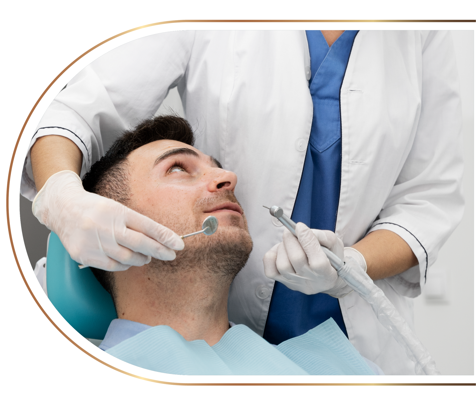 A man is getting his teeth examined by a dentist.