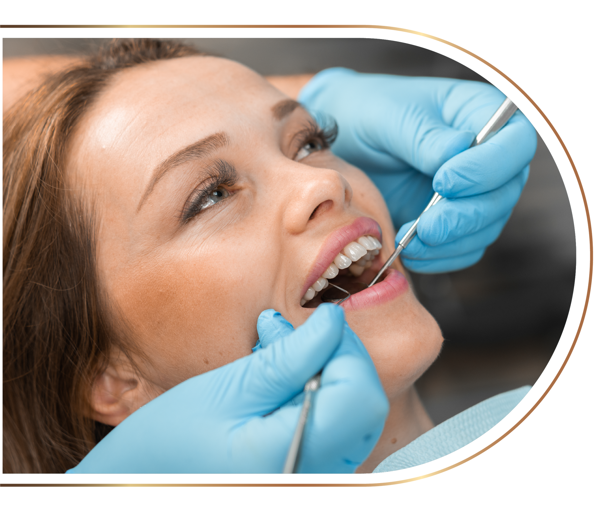 A woman is getting her teeth examined by a dentist