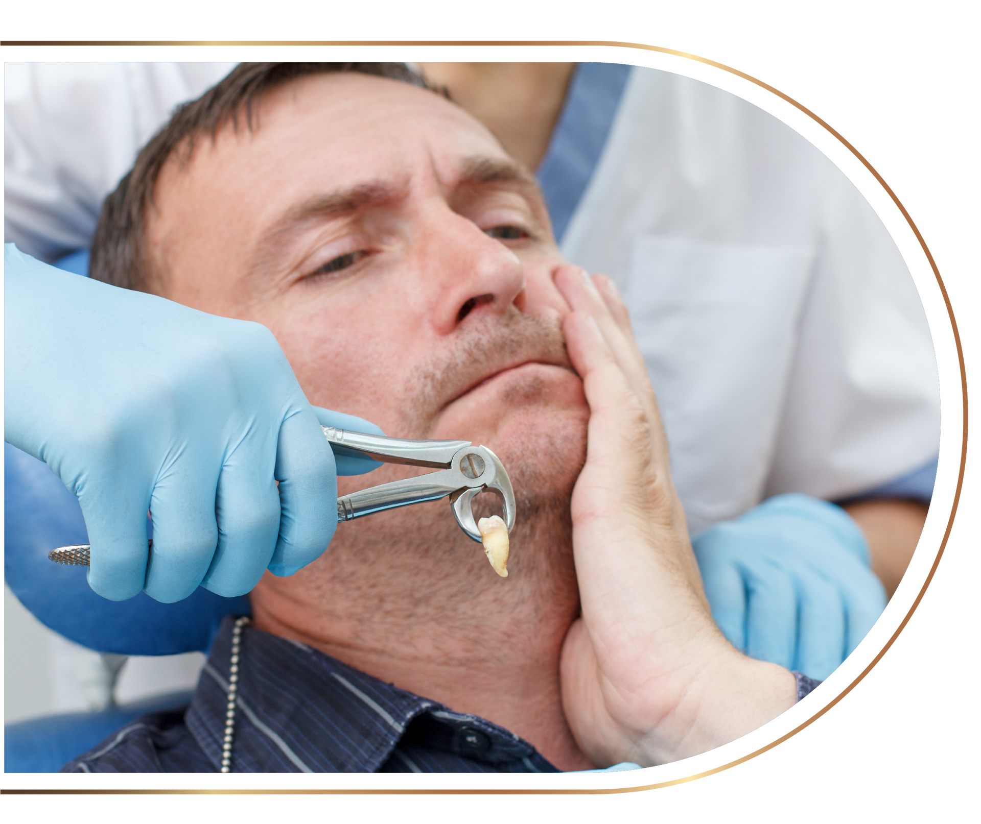 A man is getting a tooth removed from his mouth by a dentist