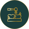 A gold icon of a hammer hitting a tooth on a green background.