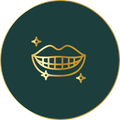 A gold icon of a smiling mouth with stars around it on a green background.