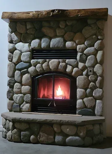 Stone fireplace with burning fire and arched stone surround