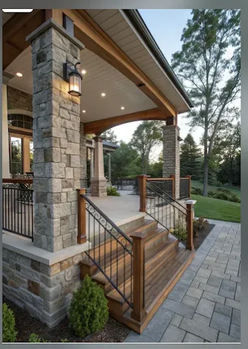 Stone front porch with wooden steps, black railings, and a lantern beside a paved walkway in a wooded yard