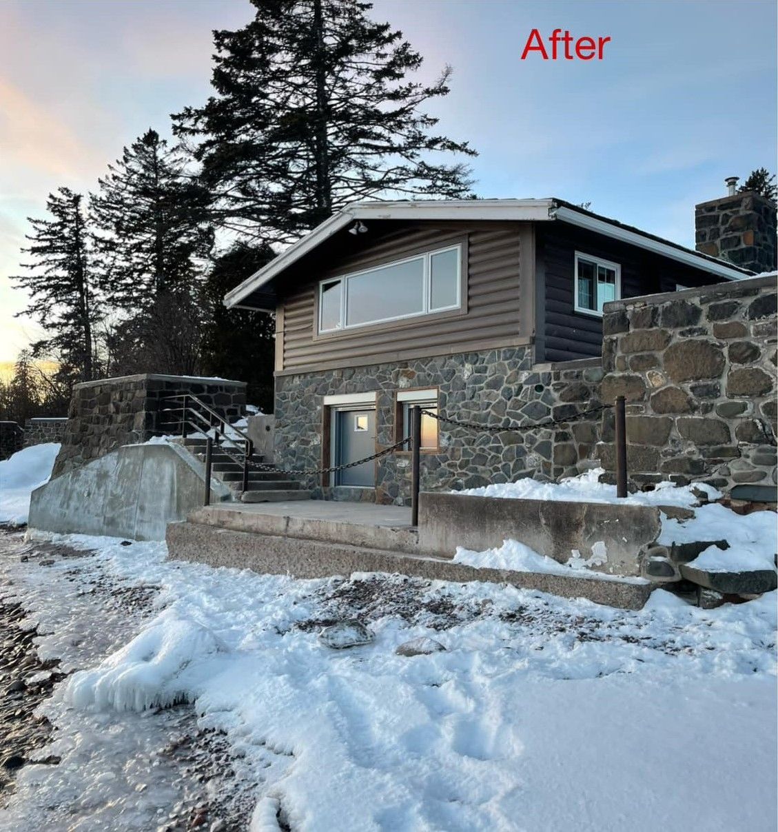 Snowy house exterior with stone walls and a two-story cabin, labeled “After” at the top.