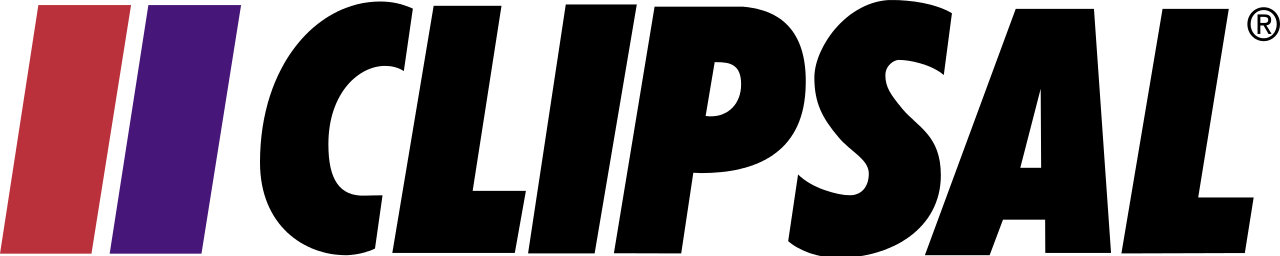 A close up of a clipsal logo on a white background.